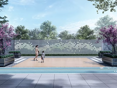Decorative Perforated Feature Wall In Outdoor Square With Green Trees And People Walking 3d model