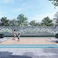 Decorative Perforated Feature Wall In Outdoor Square With Green Trees And People Walking