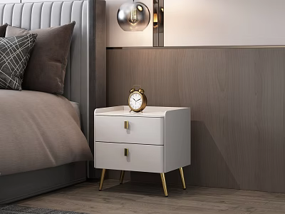 Elegant White Bedside Table With Two Drawers Gold Handles And Gold Alarm Clock 3d model