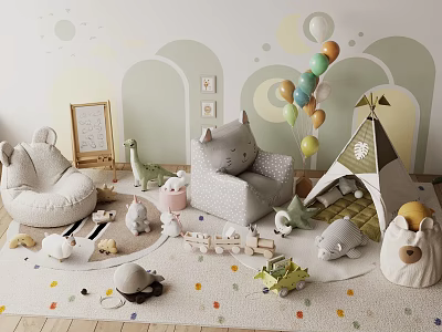 Cozy Children's Room Interior With Teepee Tent Stuffed Animals Colorful Balloons And Building Blocks 3d model