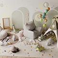 Cozy Children's Room Interior With Teepee Tent Stuffed Animals Colorful Balloons And Building Blocks