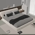 Double Bed With Wooden Headboard Gray Black Bedding Nightstand Table Lamp And Window Blinds