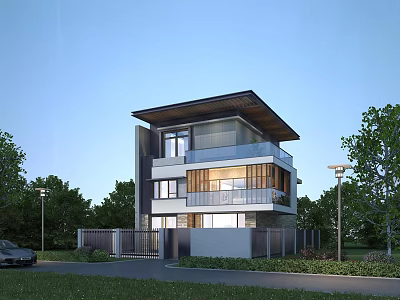 Modern Two Story Detached Villa Exterior With Large Windows And Green Lawn 3d model