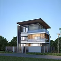Modern Two Story Detached Villa Exterior With Large Windows And Green Lawn