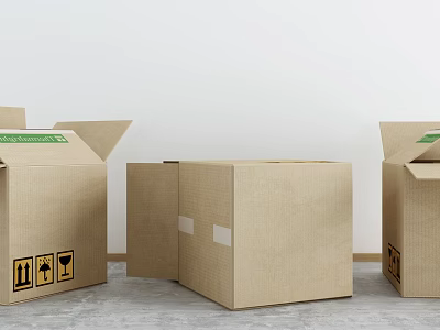 Open And Closed Cardboard Boxes With Green Labels And Handling Symbols In Minimalist Indoor Setting 3d model