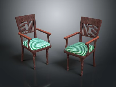 Pair of Wooden Frame Leisure Chairs with Green Striped Cushions and Armrests 3d model