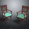 Pair of Wooden Frame Leisure Chairs with Green Striped Cushions and Armrests