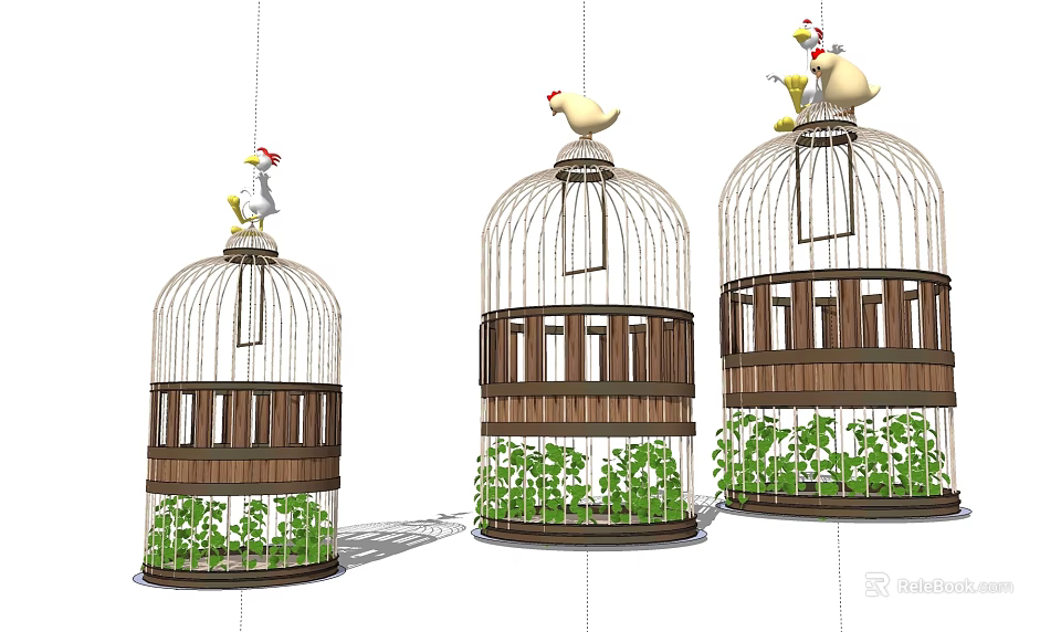 Unique Garden Ornaments With Birdcage Design Chicken Decorations And Green Plants 3d model 