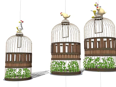 Unique Garden Ornaments With Birdcage Design Chicken Decorations And Green Plants 3d model