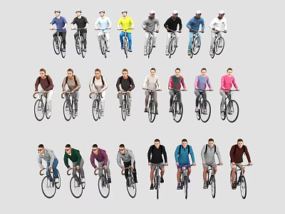 Group of People Riding Bicycles with Various Colored Outfits Arranged in Rows 3d model