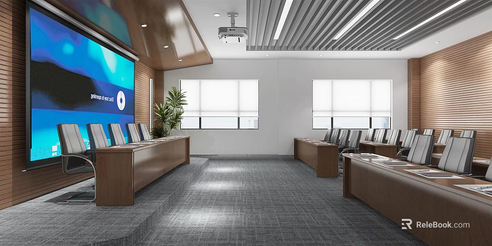 Modern Conference Room Interior Design With Large Screen Tables And Office Chairs 3d model 