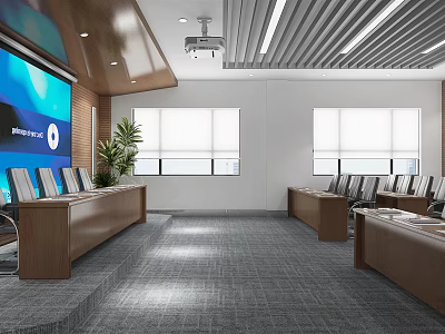 Modern Conference Room Interior Design With Large Screen Tables And Office Chairs 3d model
