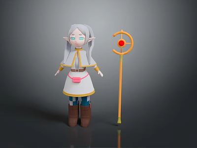 Cartoon Elf Character With Gray Long Hair Pointed Ears White Dress And Yellow Magic Staff 3d model