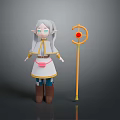 Cartoon Elf Character With Gray Long Hair Pointed Ears White Dress And Yellow Magic Staff