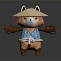 Cute Animal Character Wearing Straw Hat And Blue Striped Kimono