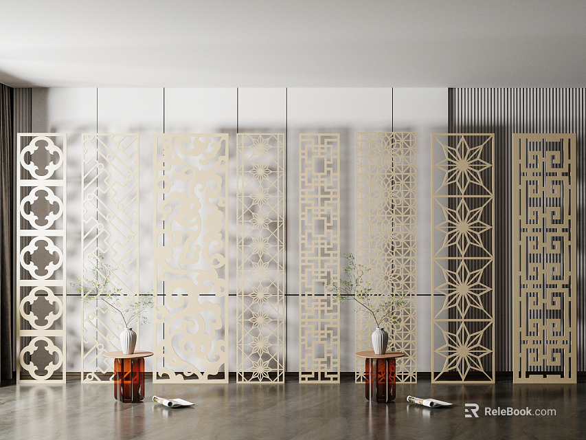 Stylish Wooden Room Dividers With Intricate Carved Patterns And Decorative Vases 3d model 