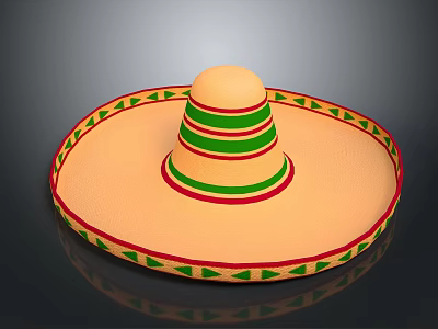 Traditional Mexican Wide Brim Hat with Beige Base Green Red Stripes and Decorative Trim 3d model