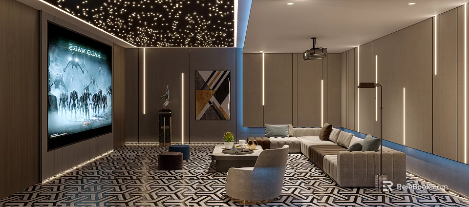 Modern Home Theater Interior With Starry Ceiling And Sofas 3d model