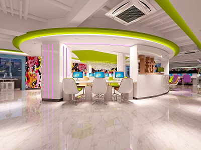 Modern Internet Cafe Interior With Bright Lighting Gaming Computers And Colorful Decor 3d model