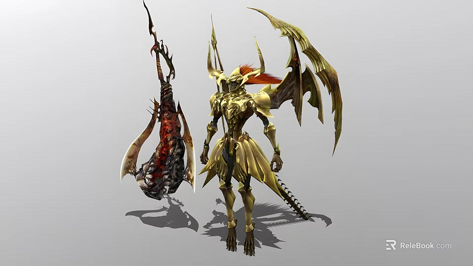 Man In Golden Armor With Wings And Horns Standing By Mythical Creature 3d model 