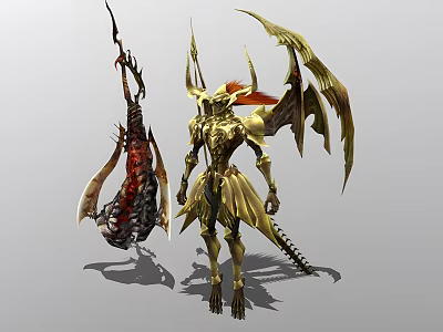 Man In Golden Armor With Wings And Horns Standing By Mythical Creature 3d model
