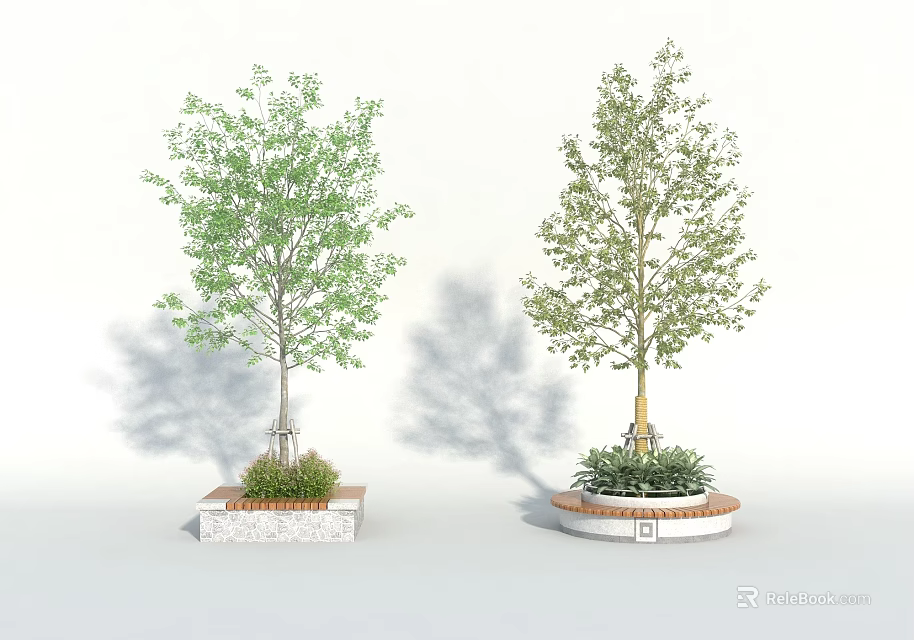 Tree Planter Design With Green Trees And Brick Base For Garden Landscaping 3d model 