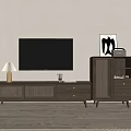 Minimalist Wooden TV Stand With Rattan Panels Storage Cabinet And Table Lamp