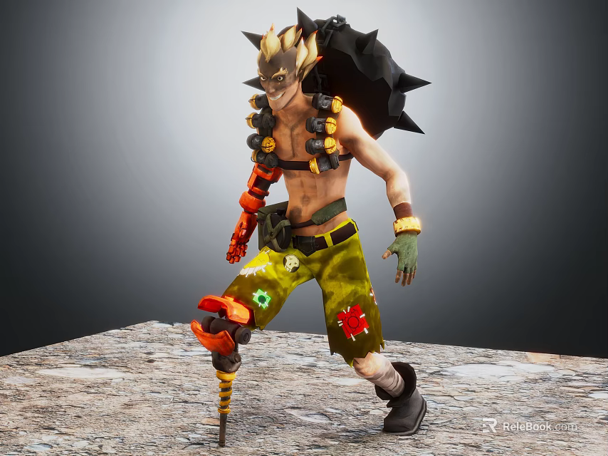 Spiked Headgear Warrior With Mechanical Arm Green Shorts Mechanical Leg On Stone Ground 3d model 