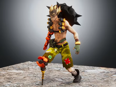 Spiked Headgear Warrior With Mechanical Arm Green Shorts Mechanical Leg On Stone Ground 3d model