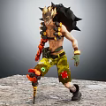 Spiked Headgear Warrior With Mechanical Arm Green Shorts Mechanical Leg On Stone Ground