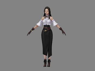 Woman In Off Shoulder White Top And Black Long Skirt With Belt Gloves And Boots 3d model