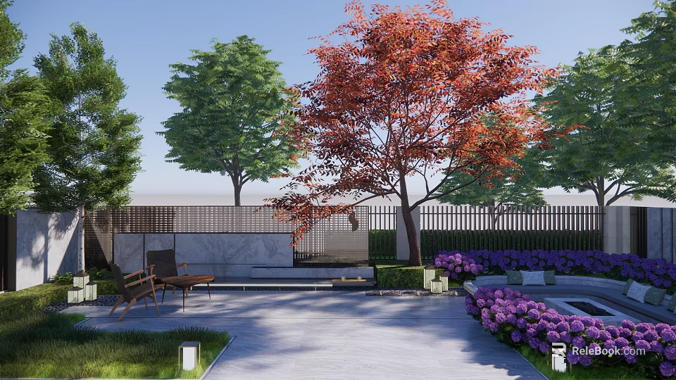 Garden Landscape Design With Red Leaf Trees Green Plants Purple Flowers And Lounge Chairs 3d model 
