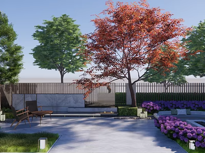 Garden Landscape Design With Red Leaf Trees Green Plants Purple Flowers And Lounge Chairs 3d model
