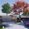 Garden Landscape Design With Red Leaf Trees Green Plants Purple Flowers And Lounge Chairs