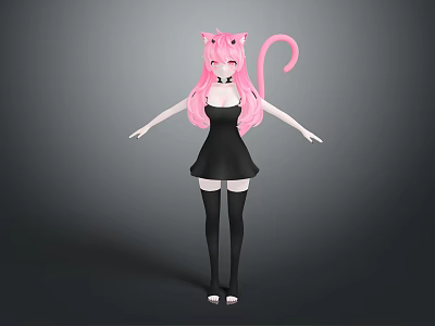 Anime Girl Character With Cat Ears Pink Tail Pink Hair Black Dress Gray Background 3d model