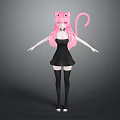 Anime Girl Character With Cat Ears Pink Tail Pink Hair Black Dress Gray Background