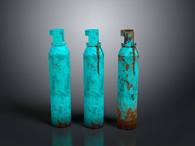 Three Blue Rusty Industrial Gas Cylinders Standing On Gray Studio Background 3d model
