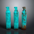 Three Blue Rusty Industrial Gas Cylinders Standing On Gray Studio Background