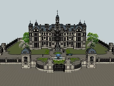 European Style Mansion Architectural Design With Spires Towers Gate And Fountain 3d model