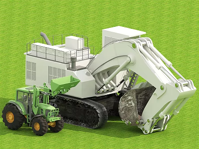 Green Tractor And White Crawler Excavator Functional Vehicles On Grass Field 3d model