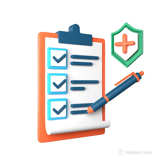 Orange Notebook With Checklist Check Boxes Green Shield Icon And Blue Pen 3d model 