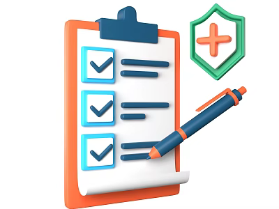 Orange Notebook With Checklist Check Boxes Green Shield Icon And Blue Pen 3d model