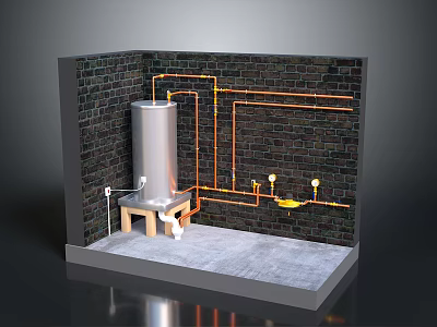 Industrial Plumbing System With Brick Wall Silver Tank Yellow Valves Concrete Floor Wooden Platform 3d model