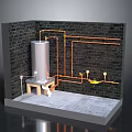 Industrial Plumbing System With Brick Wall Silver Tank Yellow Valves Concrete Floor Wooden Platform