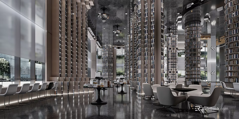 Book Art Focused Grand Library Interior With Shelves And Seating 3d model 