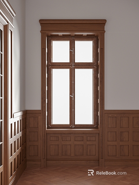 Wooden Window With Classic Frame And Surrounding Wooden Wainscoting On Wall 3d model 