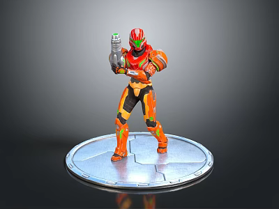 Action Figure In Orange Black Armor Holding Weapon On Silver Circular Base 3d model