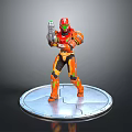 Action Figure In Orange Black Armor Holding Weapon On Silver Circular Base