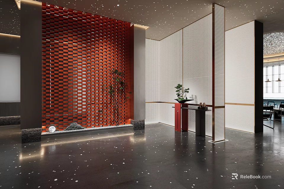 Modern Lounge Area Interior Design With Comfortable Seating Green Plants And Soft Lighting 3d model