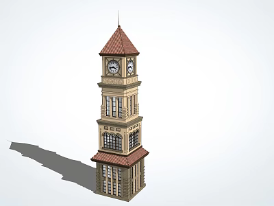 Classic Multi Story Clock Tower With Red Brown Roof And Windows 3d model